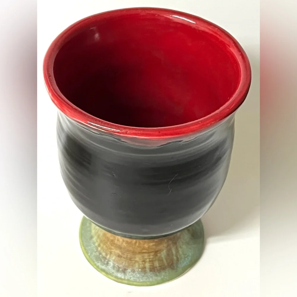 Handmade Studio Art Pottery Ceramic Red Brown Green Flower Vase Signed 5.5